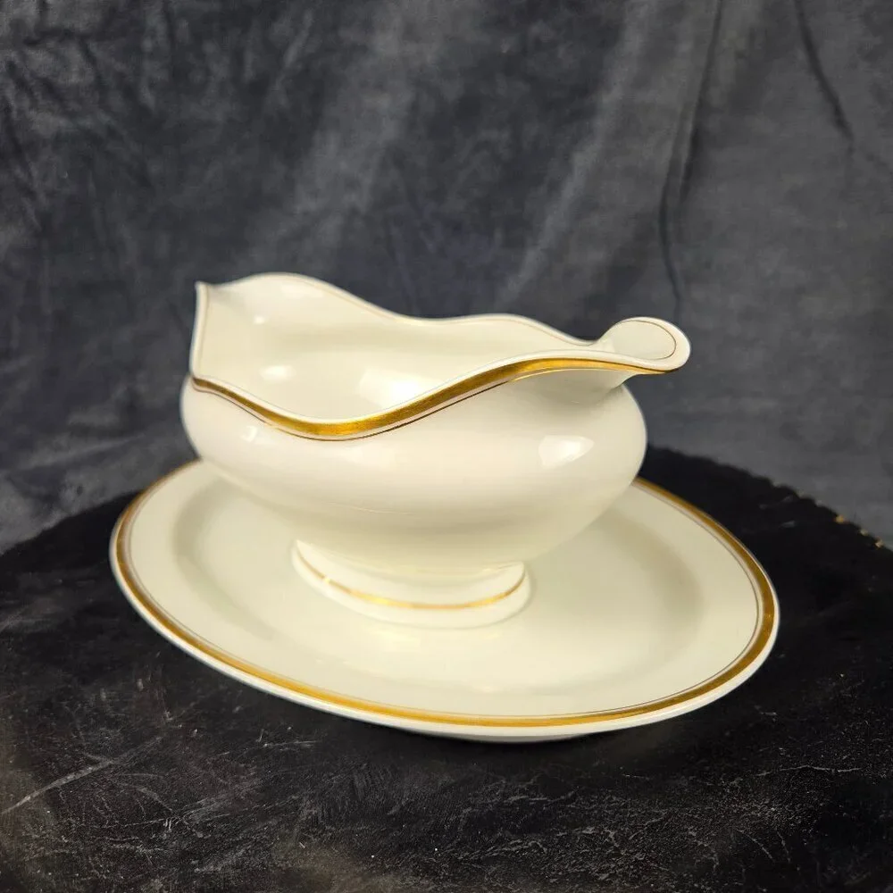 Haviland Limoges Gravy Boat with Underplate Attached Cream w/ Gold Accents Vtg